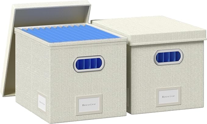 File Organizer Box - File Boxes for Hanging Files with Lid Set of 2 Decorative Hanging Folders Organizer with One-Piece Plastic Frame Slides (Beige White, 13.2 * 10.1 * 10.1in(2Pack))