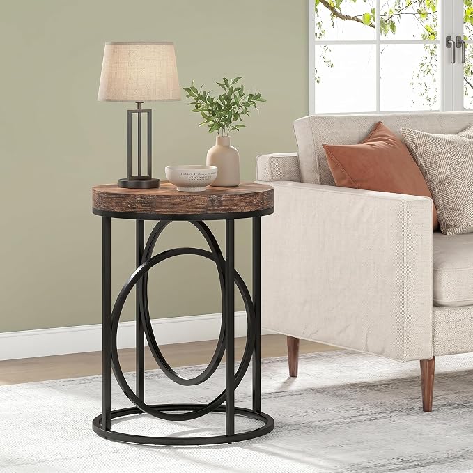 LITTLE TREE 20” Round End Table with Thick Wood Top，Modern Sofa Side Table with Gold O-Shaped Base, Midcentury Accent Table Cocktail Table Nightstand for Living Room Bedroom