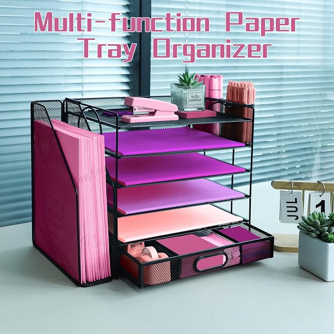 Desk Organizers and Accessories with File Holder, 6-Tier Paper Letter Tray Organiser with Drawer and 2 Pen Holder, Mesh Desktop Document Organizer for Office Supplies, Workspace - Black