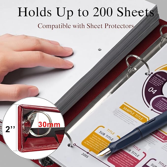 Vintage Faux Leather 3-Ring Binder, 2-Inch Spine, Round Ring, Fits Letter Size 8.5" x 11" Paper, Built-in Interior Pockets, Professional Document Binder (Red, 2 Inch)