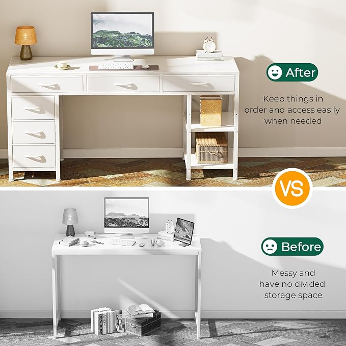 Huuger Computer Desk with 6 Drawers, Office Desk with Shelves, Reversible Gaming Desk, Corner Desk with Storage, Work for Home Office, Study, Living Room, 54inch, White