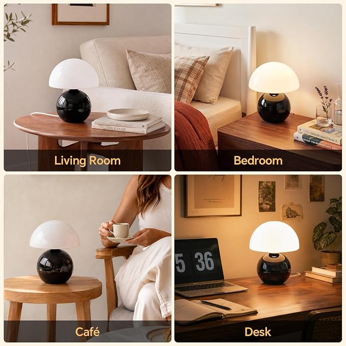 Mushroom Lamp Table Lamp for Bedroom-Small Desk Table Lamps,Black | 8.7" Mid Century Modern Table Lamps for Living Room Bedroom Decor,Cute Ceramic Lamps for Mushroom Home Room Decor,Glass Shade