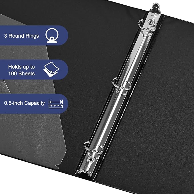 0.5-1-Inch 3-Ring-Binder with Pockets, Basic Binders 1-inch View Round Binders Holds US Letter Size 8.5'' x 11'' - Bundle Packs Perfect for Home, Office, and School (0.5'' - Black -12 Packs)