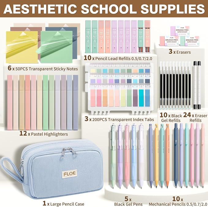 62PCS Aesthetic School Supplies Cute Back to School Supplies Stationary Set | College Preppy Essentials Kit with Large Pencil Pouch Case, Pastel Highlighters Gel Pens Mechanical Pencils for Student Girls