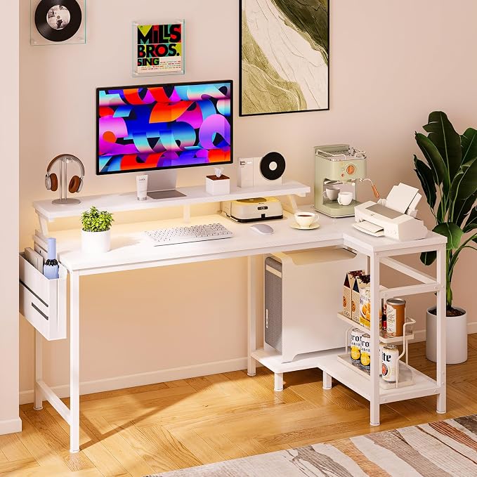 DUMOS L Shaped Gaming Desk, 48" Computer Desks with Storage Shelves | Coner Desk with USB Charging Ports, Power Outlets, LED Lights and Monitor Stand for Home Office, White