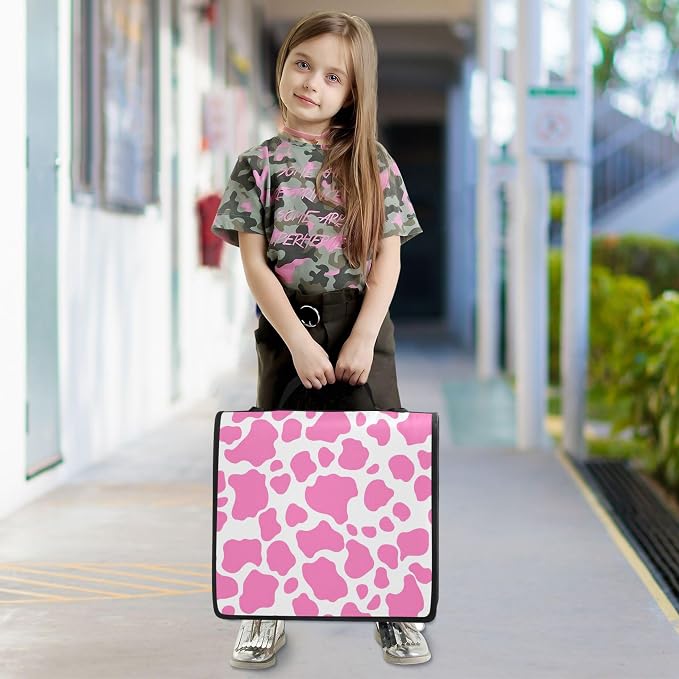 3 Ring Zipper Binder Pink Cow Print Binder Organizer Portfolio with File and Shoulder Strap & Handle Large Capacity File Folder