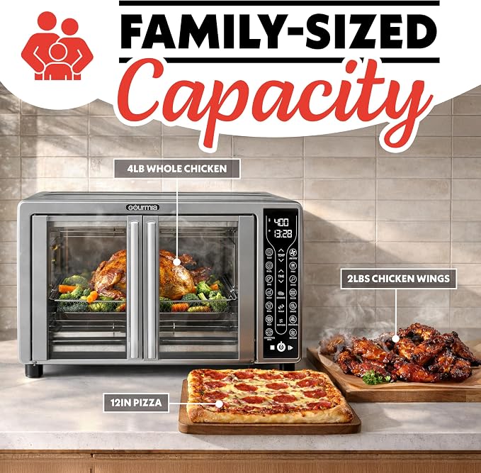 Gourmia French Door Air Fryer Toaster Oven – 6-Slice Capacity, FryForce 360°, Digital Display with 17 Cooking Presets, Stainless Steel