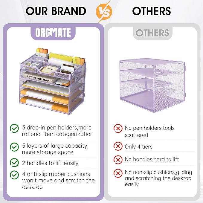 5 Tier Paper Letter Tray Desk Organizer with Pen Holders - Purple | Features 3 pen holders and 4 removable dividers.Versatile mesh desktop storage for mail, document,office supplie