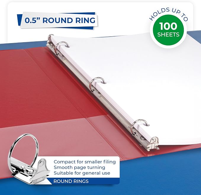 Samsill 0.5 Inch 3 Ring Binders, Economy Round Ring, Clear View Cover, 100 Sheet Capacity - for School, Home, Office - Red, 12 Pack
