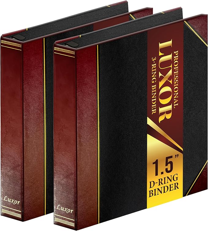 Performore 2 Pack of Professional Luxor 3 Ring Binder 1.5 Inch Locking Slant Angle D-Rings, Maroon Turned Edge Flat, Durable Heavy Duty Presentation Folder Binder for Documents Paper Files Projects