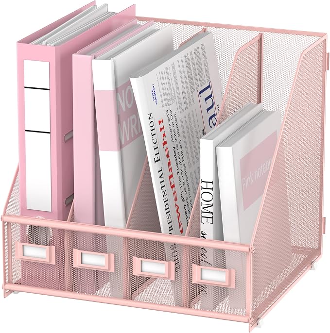 4-Compartment Magazine File Holder and File Organizer for Desk, Pink | Metal Magazine Holder and Magazine File Holder, 4-Compartment File Organizer for Binders Folders Magazines and Paper