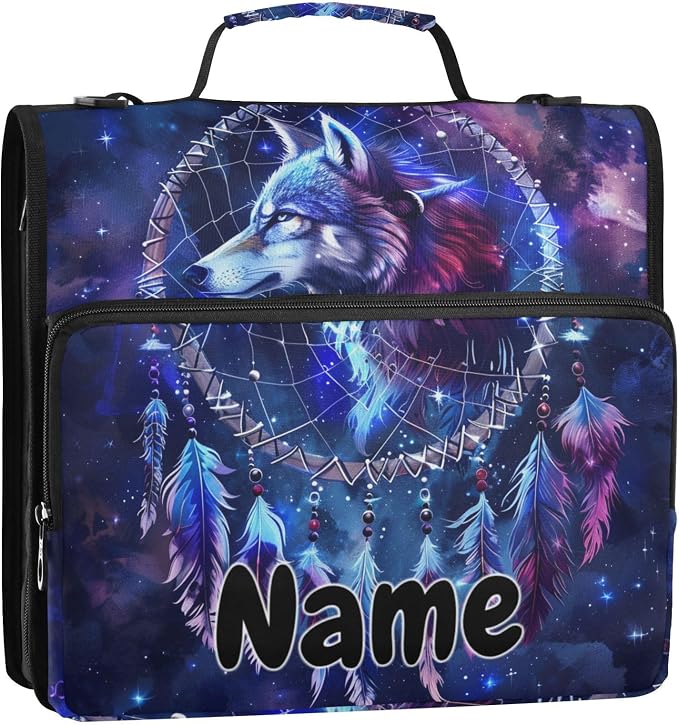 Custom Wolf Head Dreamcatcher Galaxy 3 Ring Binder Bag 1.5 inch Personalized Name Binder Organizer 500 Sheet Documents Storage for School Office