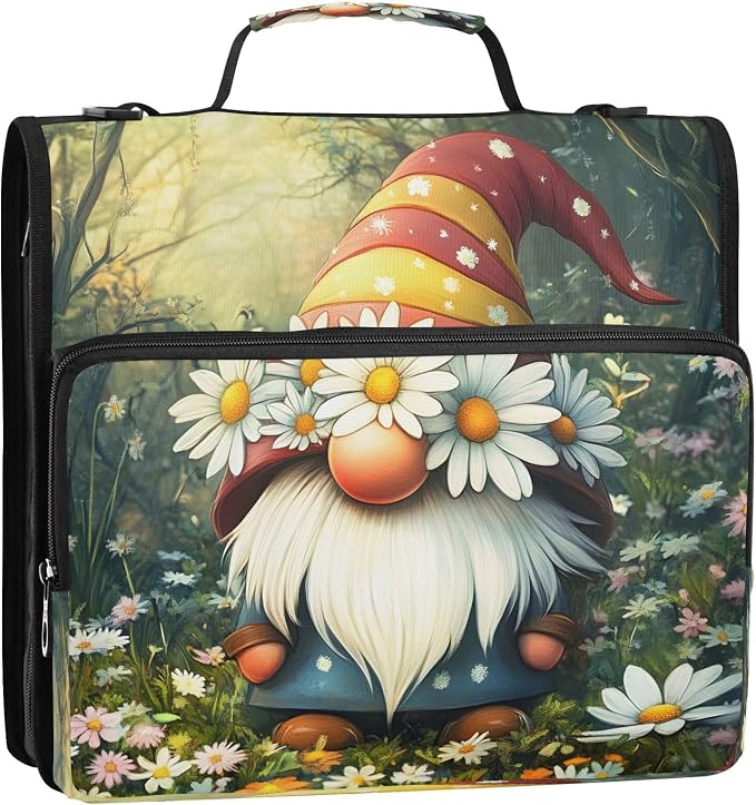 ALAZA Zipper Binder 3 Ring Cute Gnome Daisy Binder Organizer with Zipper and Shoulder Strap Large Capacity Multi-Pocket Trapper Keeper File Folder for Office Supplies