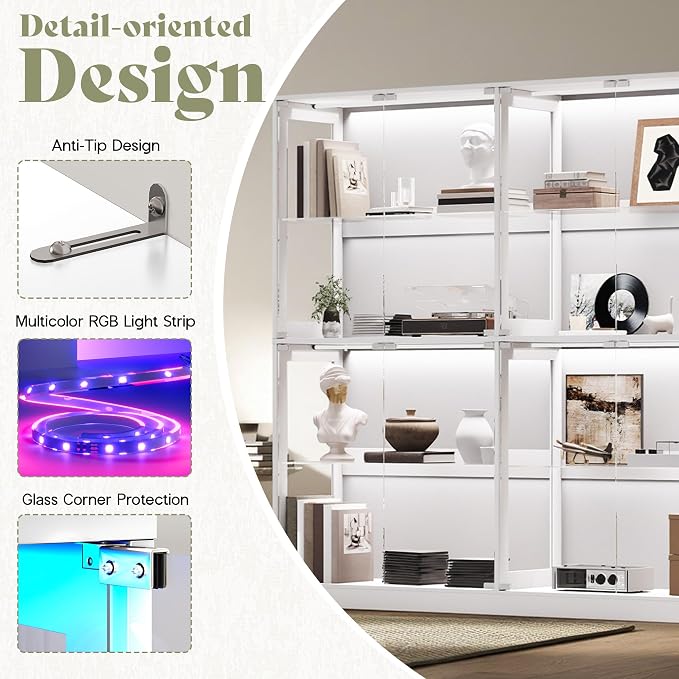 AMERLIFE 75-Inch RGB Display Cabinet with Glass Shelves | 70 H x 75 W x 16 D In, 4-Tier Storage, RGB LED Lights, Press-to-Open Doors, for Collectibles, White