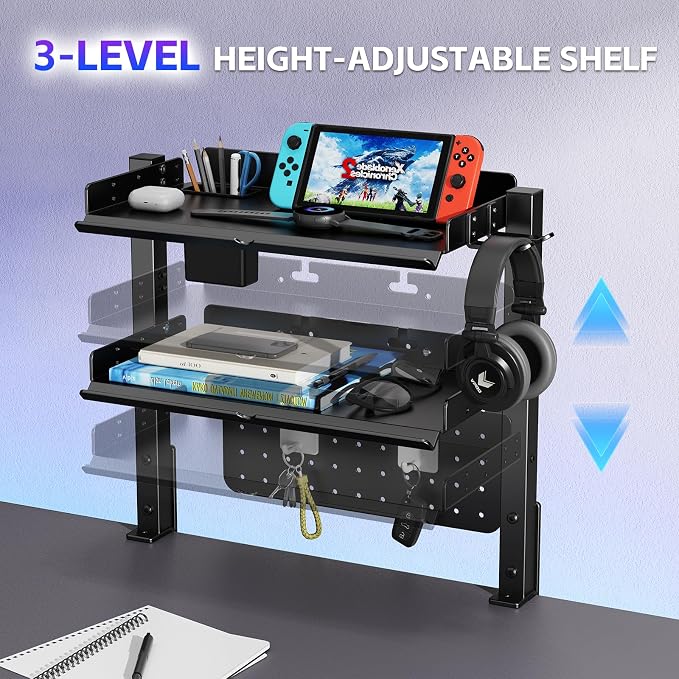 Metal Clamp On Desk Shelf,Storage Shelves with Pegboard and Pencil Holder | 2-Tier Adjustable 16 inch Above or Under Heavy Duty Desktop Organizer with Headphone Holder for Desk Accessories (Black)