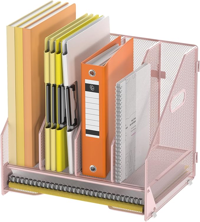 Docnest Mesh Desk File Organizer, 4 Vertical Compartment Box Sorter, Pink | Features 3 removable middle dividers for custom spacing and a bottom letter tray to hold paper, mail, and documents