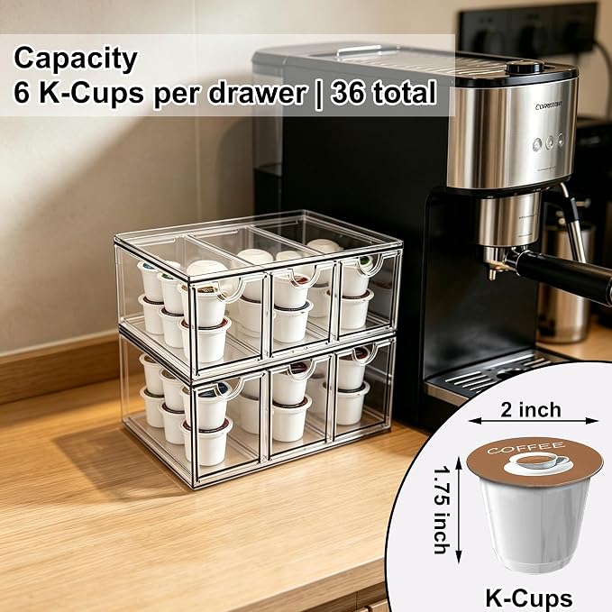 Prsildan Tea Bag Organizer K Cup Holder Drawer Coffee Pods Storage, 2 Pack | Clear Acrylic, Stackable, Pull Out, For Kitchen Office Craft Art Supplies Hair Accessories Makeup Small Items