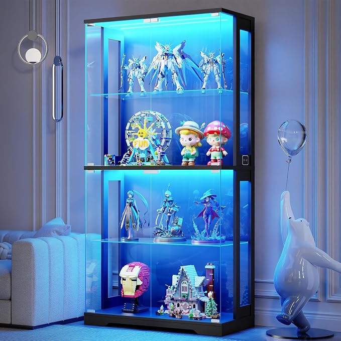 Glass Display Cabinet with Doors and Lights, 4-Tier Curio Cabinet, Black | Display Case with Transparent Full-Display Surface for Collectibles, Storage Cabinets with Human Body Sensor for Living Room