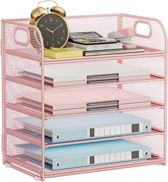 5-Tier Stackable Paper Organizer with Handle, Pink | Metal Mesh Letter Tray, Stylish Desk File Sorter for Office, Home & Classroom Supplies
