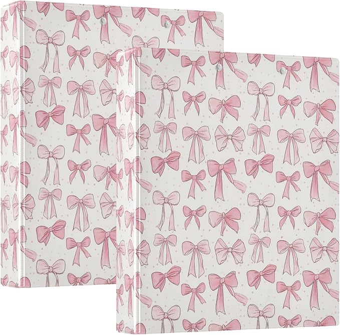 Cute Bow Knot Doodle Pattern Round Ring Binders 1.5 Inch Pink Polka Dot White Black Stripe Stars 3 Ring Clipboard Binder for Office School Work Supplies File Folder 200 Sheet Capacity 2 Pieces