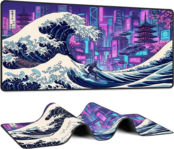 XXL Gaming Mouse Pad 31.5x15.7 Inch,Cyberpunk Neon Japanese Wave Desk Mat | Cyberpunk Japanese Wave Art Extended Mousepad with Water-Resistant Non-Slip Rubber Base,Large Desk Pad for Gaming,Office