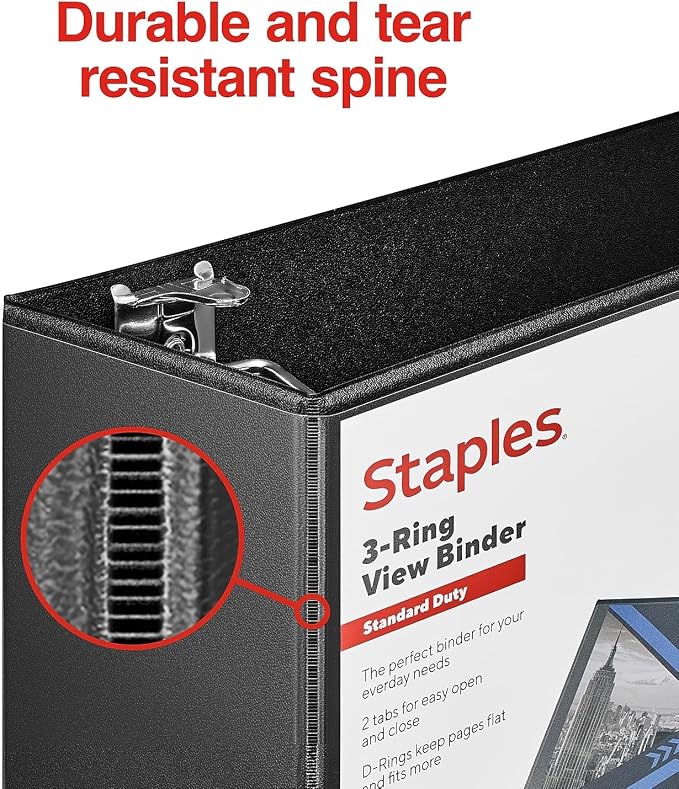 Staples Standard 4-Inch D-Ring View Binder, Black, 775 Sheets | Large-capacity binder for office and school document storage.