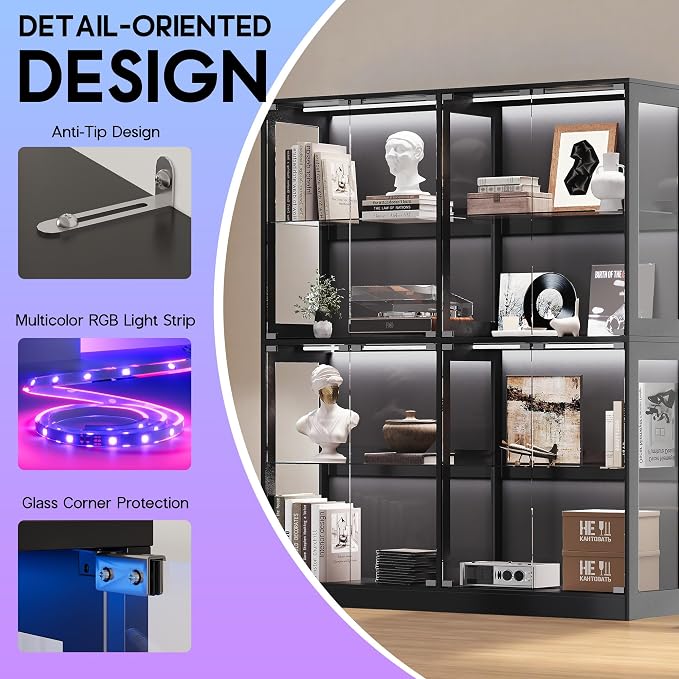 AMERLIFE 60-Inch RGB Display Cabinet with Glass Shelves | 70 H x 60 W x 16 D In, 4-Tier Storage, RGB LED Lights, Press-to-Open Doors, for Collectibles, Black