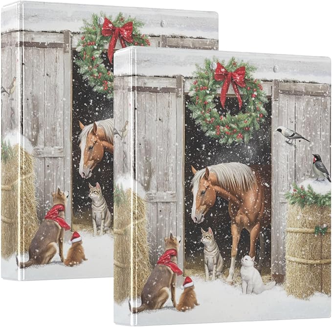 Farmhouse Christmas Barn with Horse Cat Dog Bird 3 Ring Binder 1.5" Decorative D-Ring Binder with Clipboard&3 Clear Pockets, Holds 200 Sheets A4 Size Paper Binders for School Home Office|2 Pack
