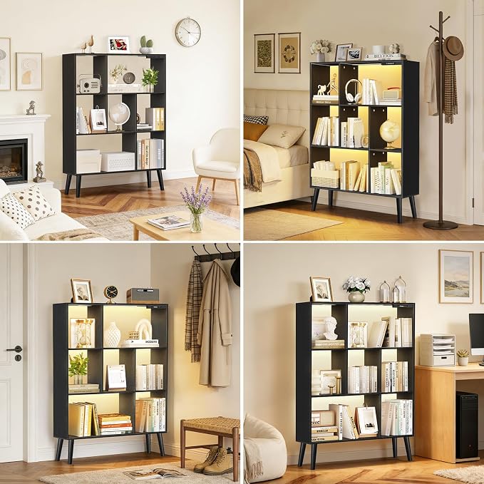 7-Cube Bookshelf with LED Lights, Touch & Remote Control, Freestanding Open Bookcase Storage Shelf, Dimmable Modern Wooden Display Organizer with Legs for Living Room, Bedroom, Office(Black)