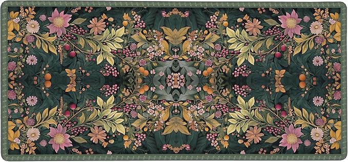 Floral Aesthetic Wildflower Gaming Mouse Pad, Forest Green Rug Desk Mat with Anti-Slip Base & Stitched Edges,35.4" x 15.7" in Desk Accessories for Women, Home Office Decor & Artistic Gift