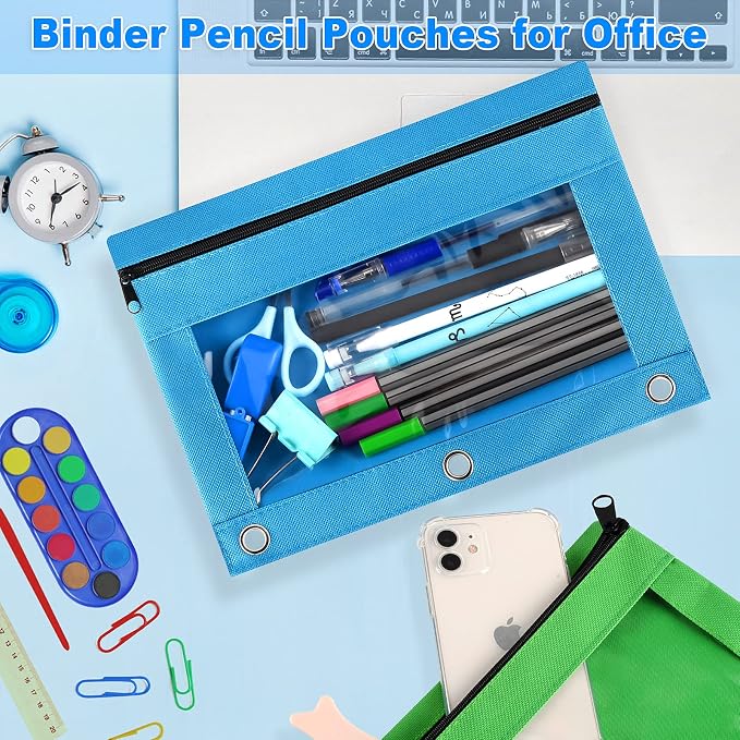 108 Pack Pencil Pouch for 3 Ring Binder, Zipper Pencil Pouches/Case in Assorted Color, Durable Binder Pencil Pouch/Bag for Office School Supplies (6 Colors)