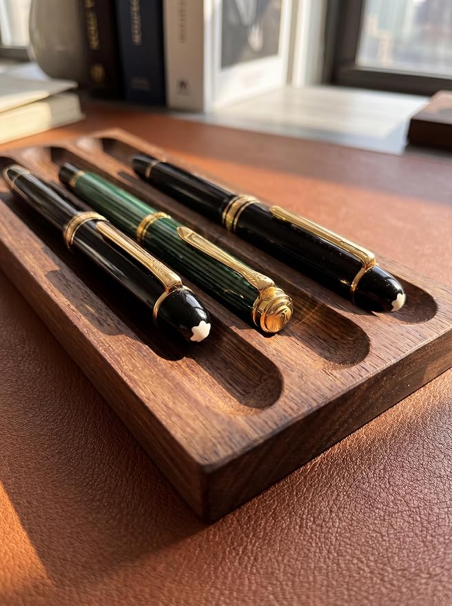 Horizontal Pen Holder For Desk,Pen Tray,Wood Desk Pen Holder,Desk Top Pen Display,Teacher Gifts,Suitable For School,Home,Office Desktop Art Accessories (Walnut-3 Grid)