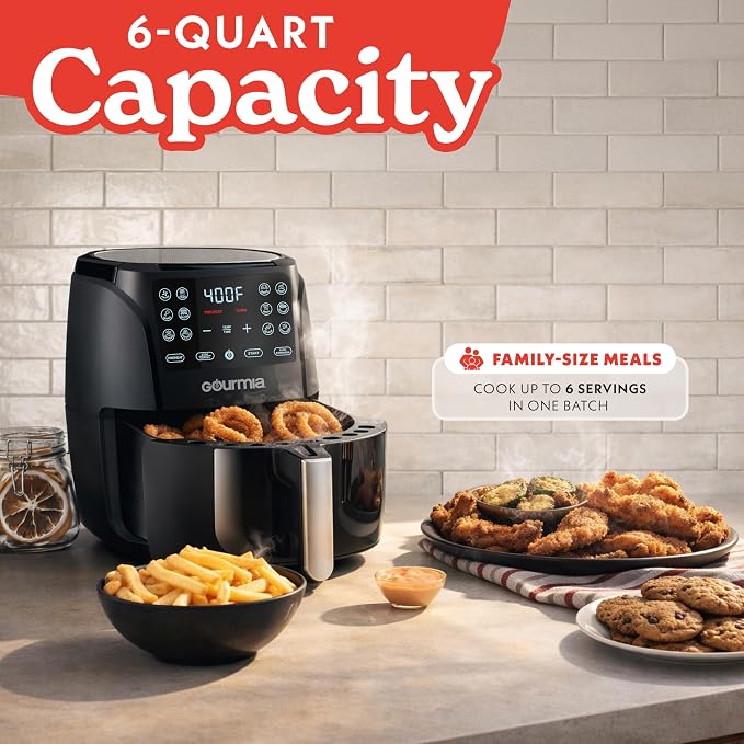 Gourmia Air Fryer - 6 Qt Large Capacity, FryForce 360º, Digital Display with 12 Presets, Roast, Bake, Broil, Dehydrate, Dishwasher Safe Accessories, Black