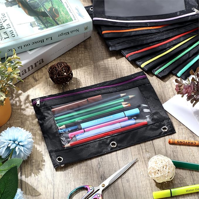 Leinuosen 64 Pack Black Pencil Pouch Bulk for 3 Ring Binder, Pencil Cases with Colored Zipper and Clear Window Storage Bag for Office, Back to School Classroom Supplies