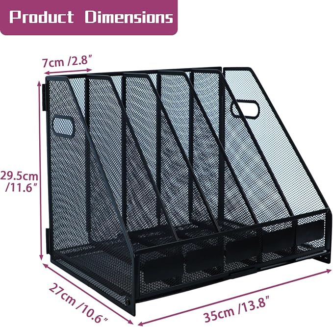 Desk Organizers, Metal Magazine File Holder with 5 Vertical Compartments Rack Binder File Organizer for Office Supplies, Home Workspace - Black