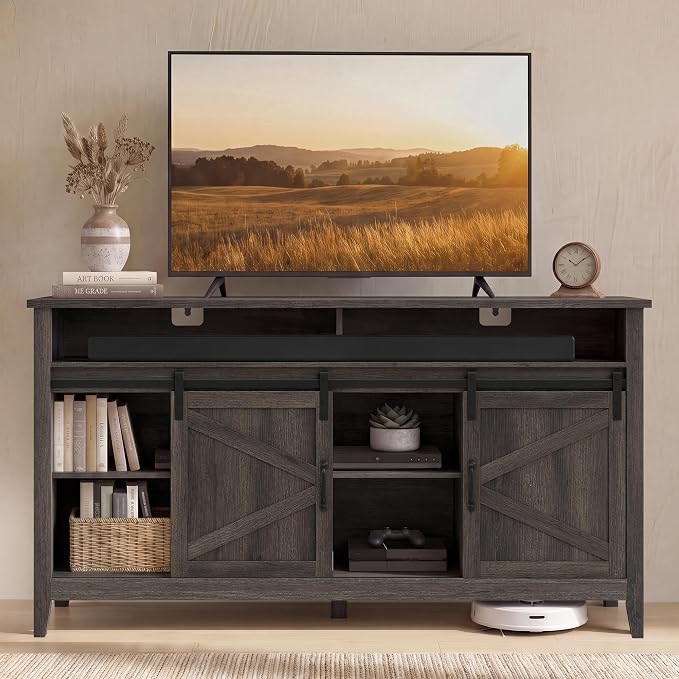 VASAGLE Tall Farmhouse TV Stand, Entertainment Center with Barn Doors, Storage Media Console Cabinet for Living Room, Bedroom, 58.3 x 15.7 x 31.9 Inch, Taupe Brown, LIRY Collection ULTV031T101S