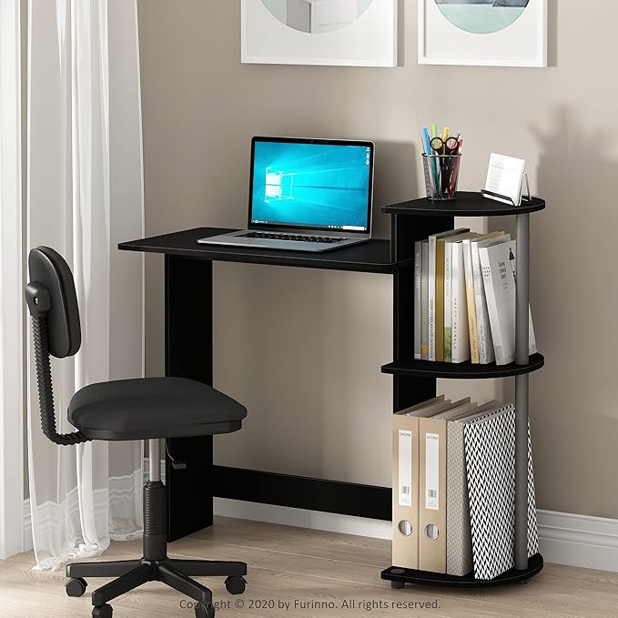 Furinno Compact Computer Desk with Shelves, Round Side, Light Cherry/Black