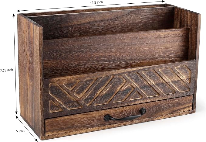 Wood Office Desk Organizers and Storage, Wood Mail Bill Organizer with Drawer for Desktop Organization, Desk Accessories & Workspace Organizers, File Paper Holder Desk Sorter for Storage(Rustic Brown)