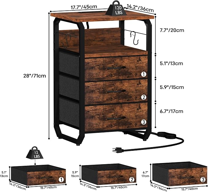 runjuly End Tables Set of 2 with Charging Station, LED Lights, Hooks, Brown | 3 Large Fabric Drawers, USB C Ports & Power Outlets, Metal Night Stand Pair, Storage Nightstand for Living Room / Bedroom