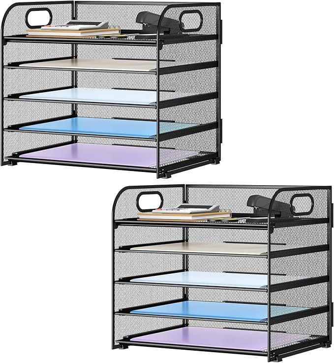 Paper Organizer Letter Tray with Handle Mesh 5 Trays-Black 2 Pack | Desk File Organizer Paper Sorter Desk Organizer for Office, Home or School