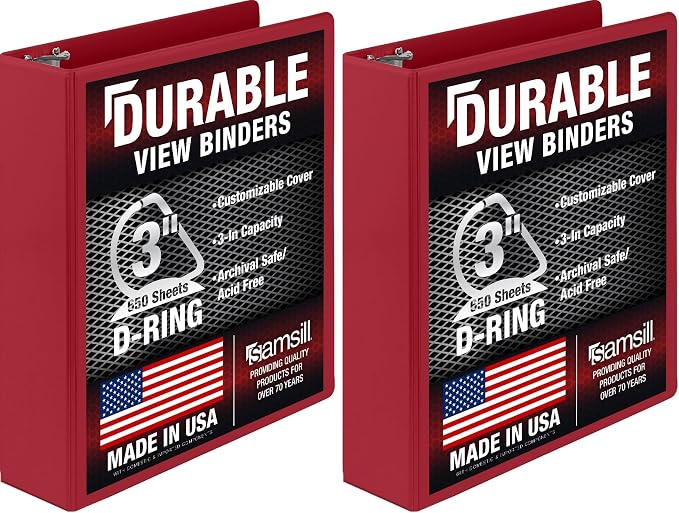 Samsill Durable 3 inch 3 Ring Binder, D Ring Binder, 100% Recycled Chipboard, Red (Pack of 2)