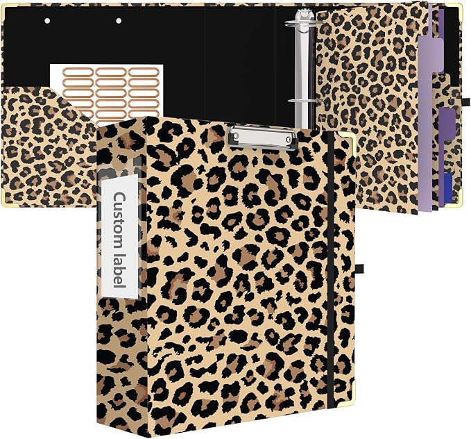 3 Ring Binder 3 Inch Round Ring Binder with 6 Tab Dividers，2 Interior Pockets，Cute Binder Clipboard with Storage, for School Office, Portfolio Organizer with Labels(Cheetah Spots)
