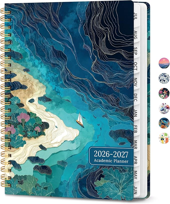 Planner 2026-2027, Academic Year Monthly & Weekly Planner Caledndar, July 2026 - June 2027, Hardcover Large Planning Agenda Book with Tabs for School Office Supplies, 8.5" x 11" - Coastal Contours
