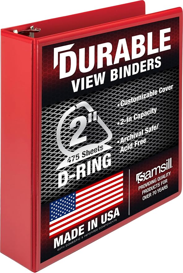 Samsill Durable 2 inch 3 Ring Binder, D Ring Binder, 100% Recycled Chipboard, Red