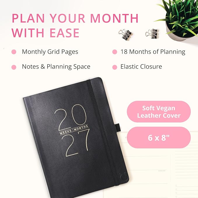 Graphique Apollo Black 18 Month Planner, July 2026 – Dec. 2027, Hardbound Vegan Leather Planner with Monthly Tabs, Holidays & Reminder Stickers, 6” x 8”