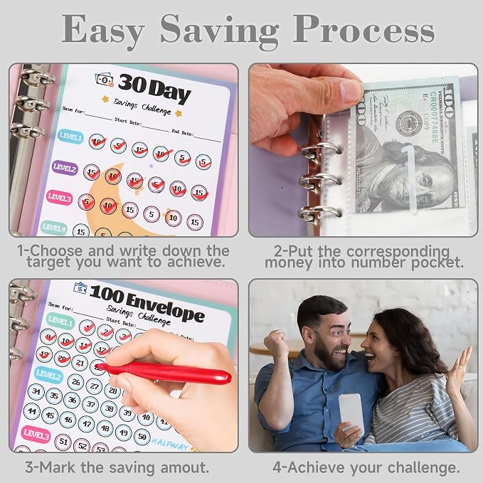 2 Pack 100 Envelopes Money Saving Challenge, Cash Budget Planner A5 Binder | Savings Challenges Book Organizer Folder with 3 Tracker to Save $5,050 $2,600 $300, 100 Pre-numbered Pockets, Black & Red