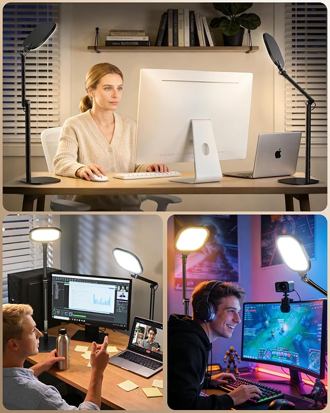 Tall LED Desk Lamps with Base, Edge-Lit Eye-Care, 50 Light Modes | 40" Height, Dimmable & Flexible, CRI>97.8, Memory and Timer Func, Stable Metal Base for Home Office, Video Calls & Drafting