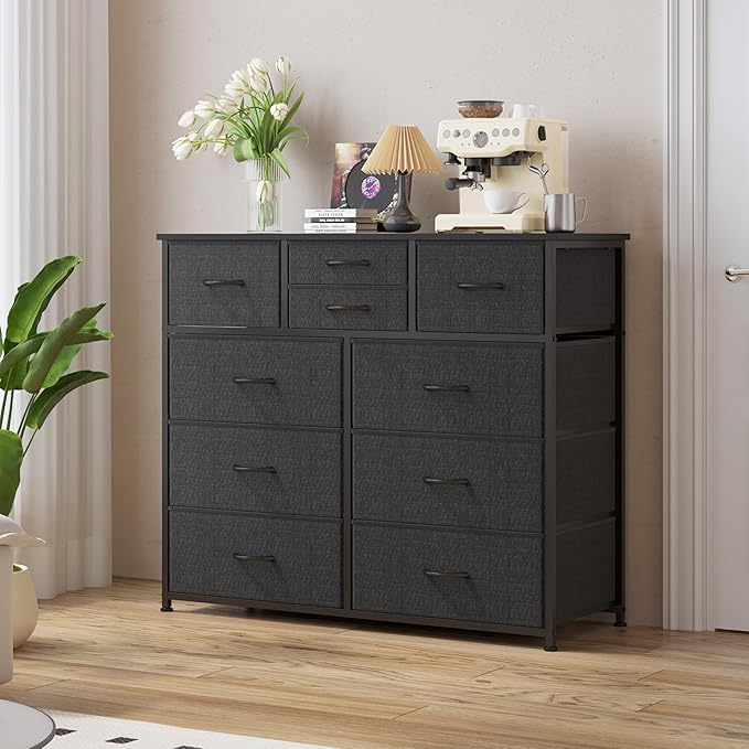 LUMTOK 10-Drawer Dresser, Fabric Storage Dressers for Bedroom, Hallway, Nursery, Closets, Steel Frame, Wood Top, Easy Pull Handle (Grey)