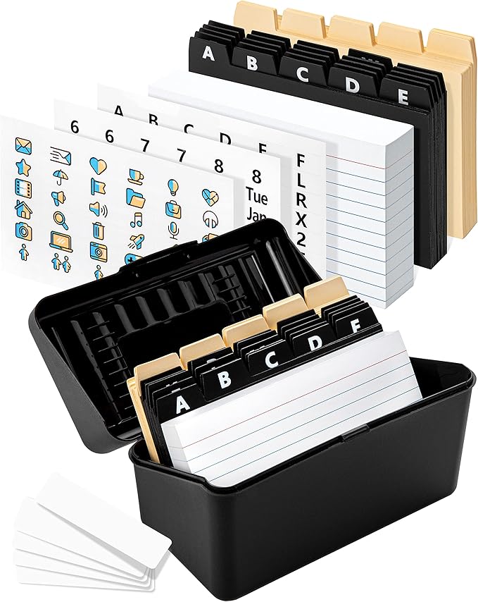 OFFILICIOUS Business Card Organizer 3x5 - Premium Index Card Holder Box for Flashcards, Notecards, Recipes - Recipe Box with Cards & Dividers, Labels, Stickers