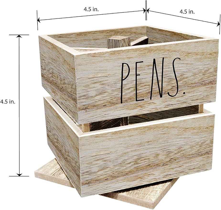 Rae Dunn Pencil Cup - Wooden Pen Holder Desktop Organizer - Small Rustic Wood Desk Top Caddy for Office Accessories and Supplies - Organization for Home, School, Classroom, Work - Square Light Wood
